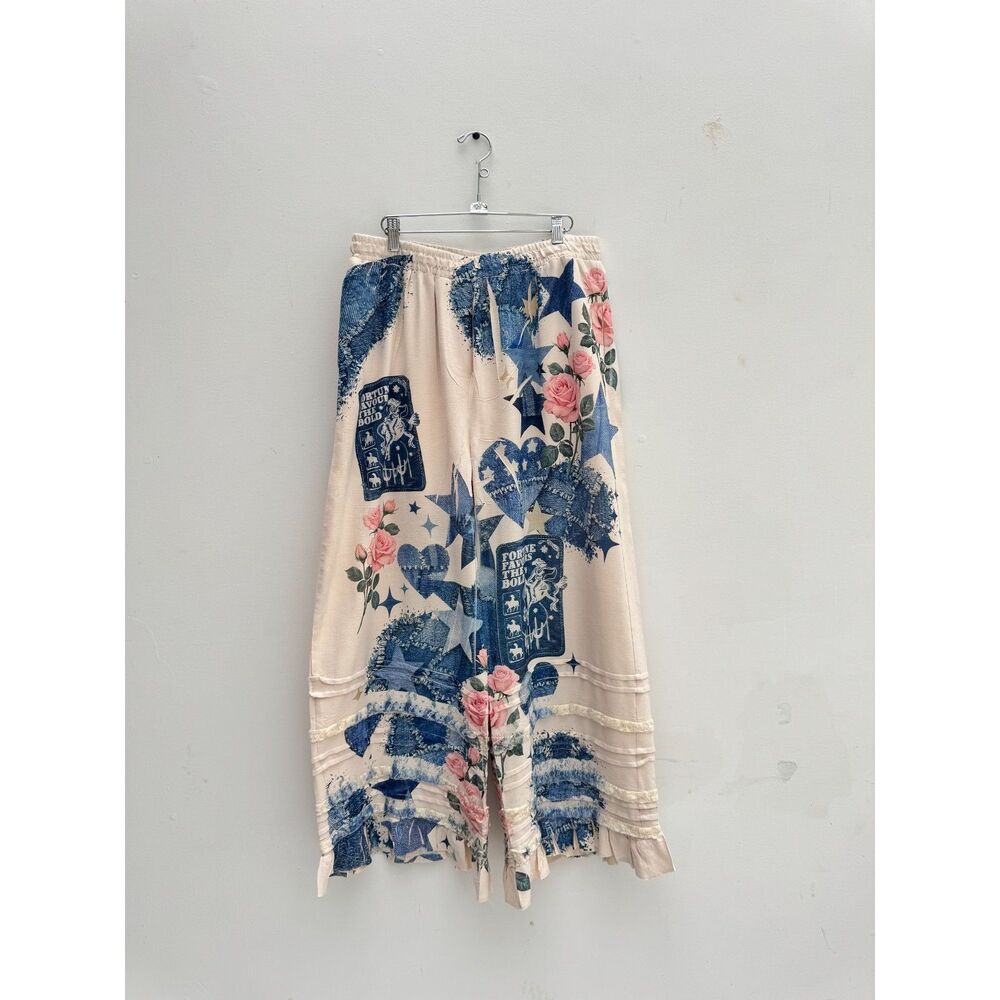 Origami by Vivian Western Novelty Print Wide Leg Pants Cream Blue Rose Sz XXL